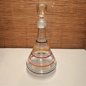 Vintage Anchor Hocking Clear Glass Decanter Red, Orange, Yellow and Black Bands